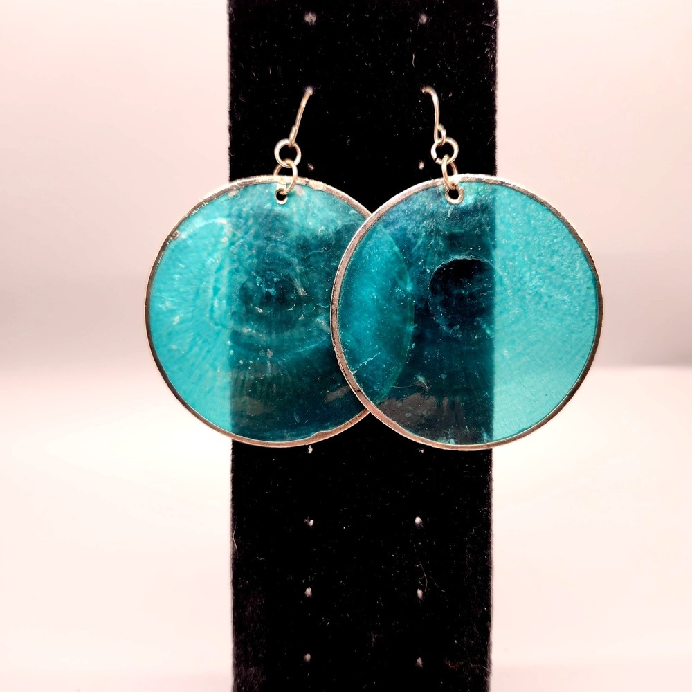 Big Blue Capiz Shell Opaque Earrings Silver Rim